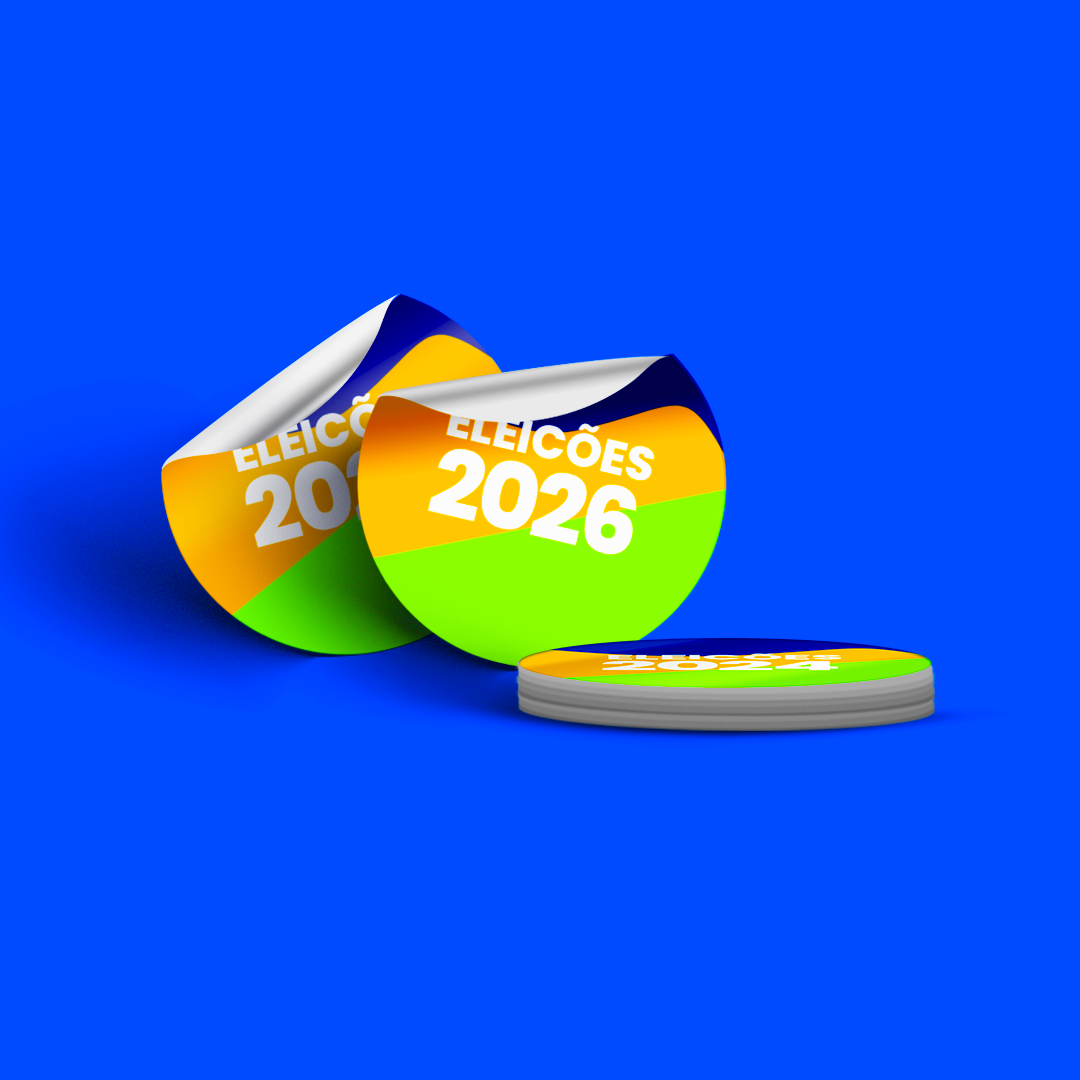 Dois adesivos redondos de campanha política para as eleições de 2024 e 2026 sobre fundo azul